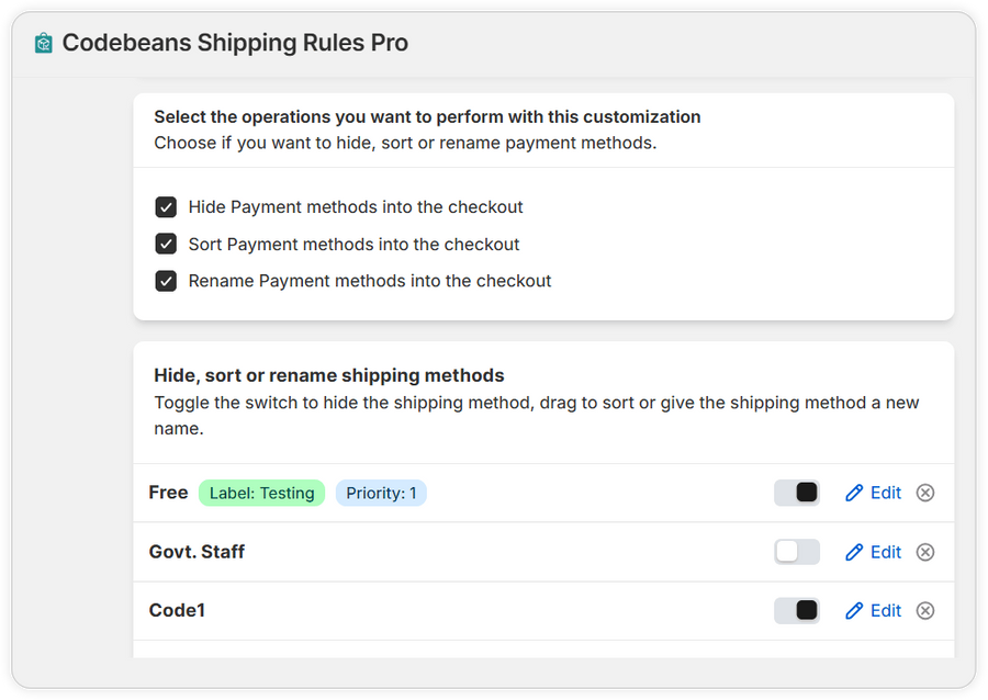 Manage Shipping Methods