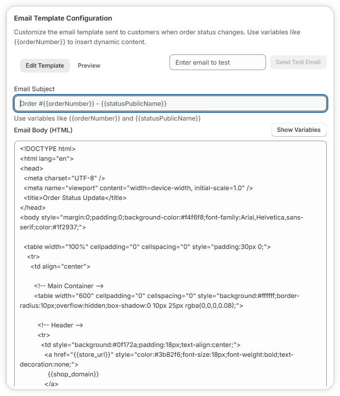 Order Email Template Settings