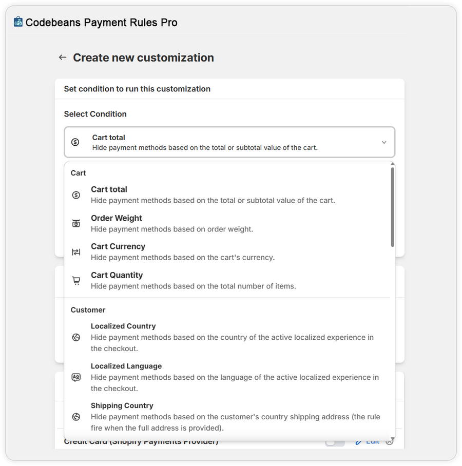 Payment Rule Conditions Panel